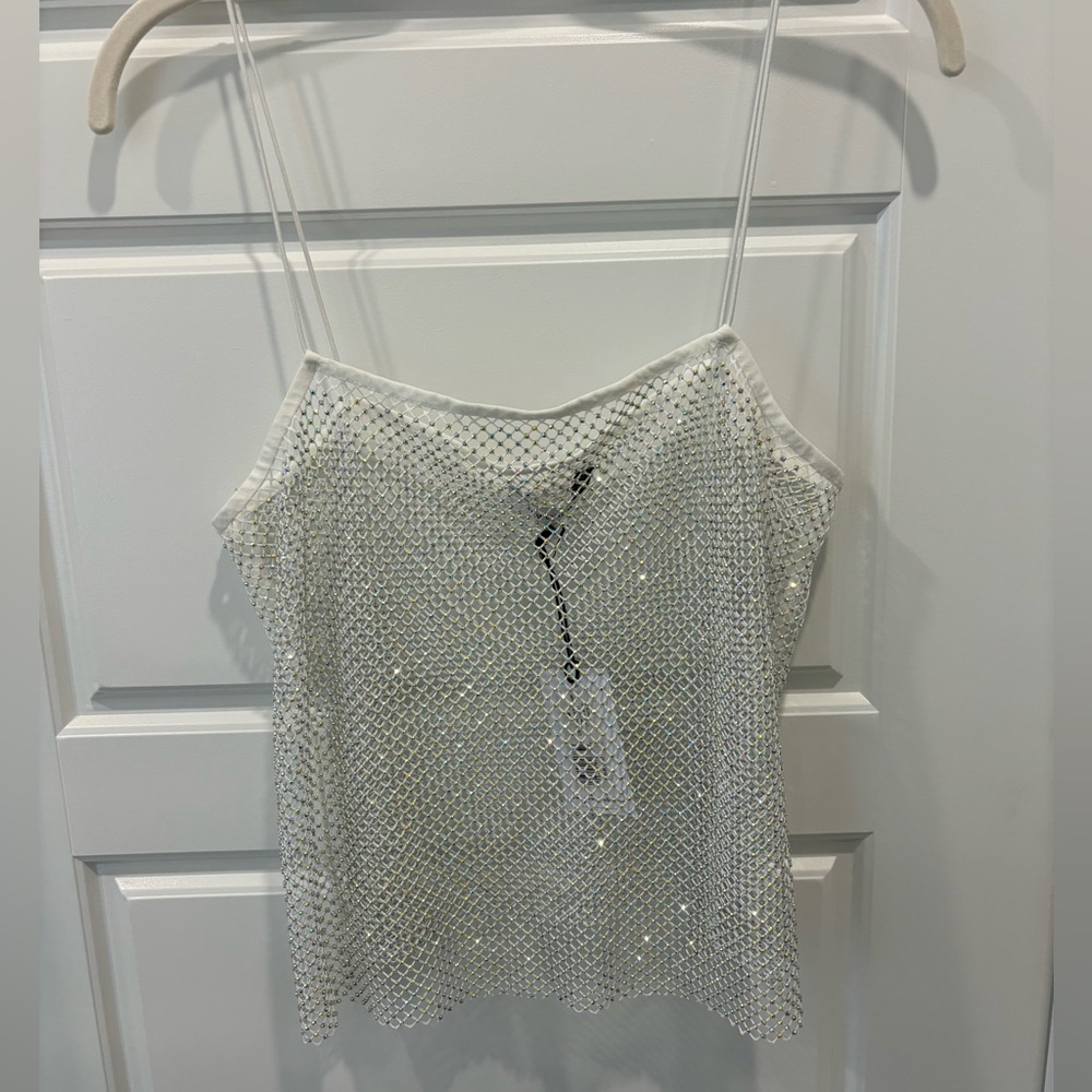 White Rhinestone Mesh Tank Top